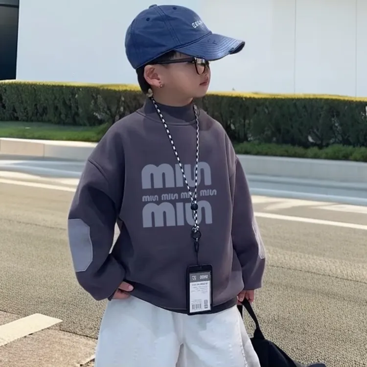 男孩长袖加绒卫衣小童儿童秋冬大童儿童衣服加厚高领宽松童装反季