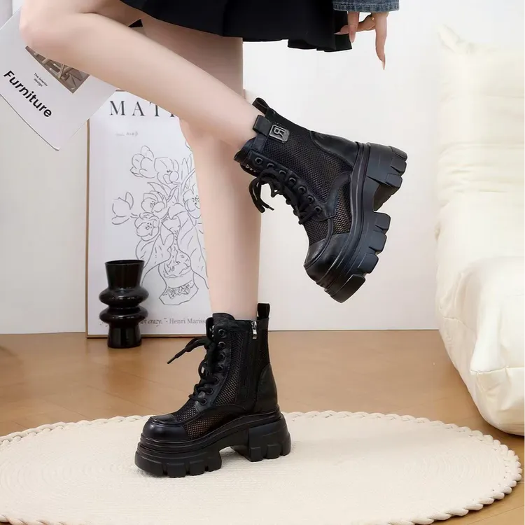 镂空增高厚低透气夏季单靴女鞋女靴网红黑色女显脚小马丁靴薄款