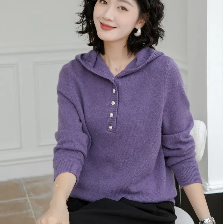 韩衣奇迹女士宽松秋冬连帽长袖毛衣彩点羊毛衫洋气休闲百搭针织衫