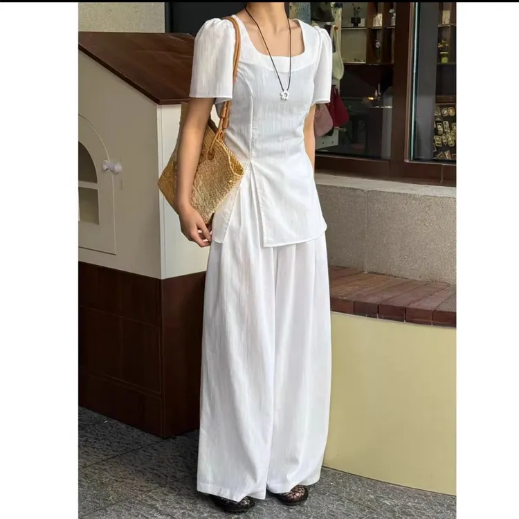 夏季宽松法式方领开叉上衣+高腰半松紧老钱风松弛感女装