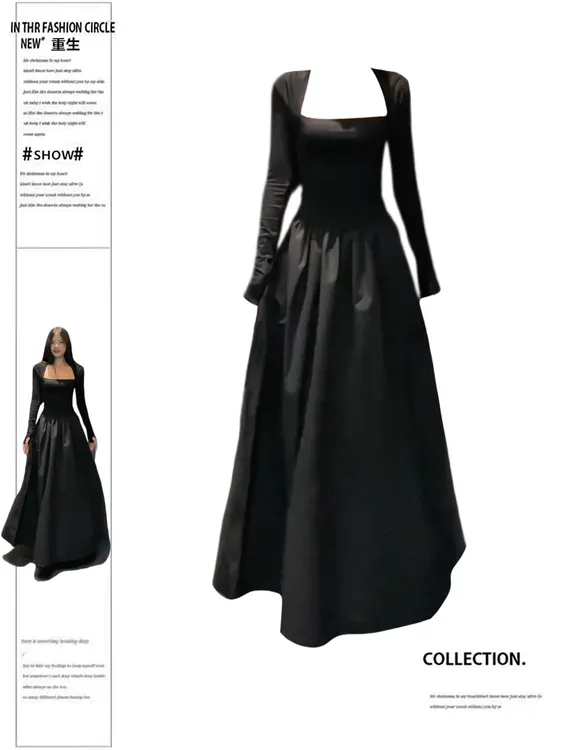 大码胖MM法式方领黑色长袖连衣裙女早秋新款赫本风收腰气质长裙女