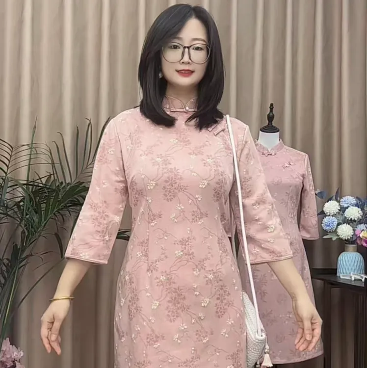 【花开】秋款七分袖小个子修身显瘦A版弹力绒旗袍-裙长1米