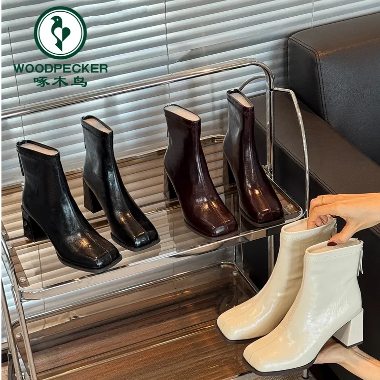 啄木鸟短靴女2025秋冬新款方头马丁靴小个子法式粗跟瘦瘦靴
