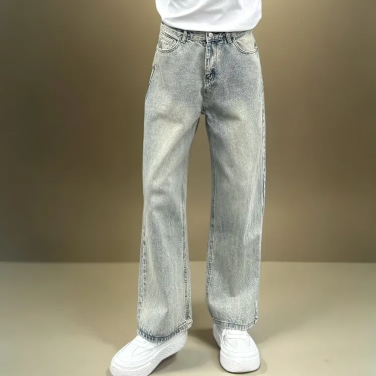 四季款高腰净版纯色百搭韩版直筒水洗牛仔裤男士休闲长裤灰蓝色