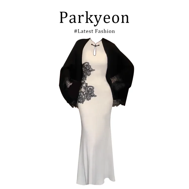 parkyeon清冷系衣服新中式旗袍盘扣刺绣显瘦显气质连衣裙