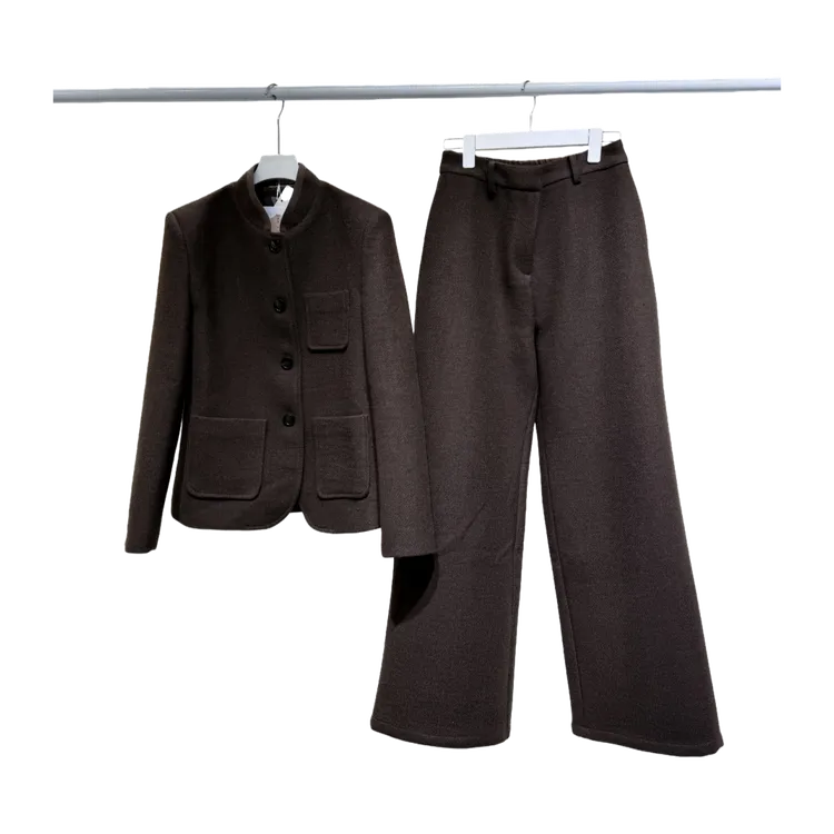 BY 2101老钱风羊毛混纺立领外套+高腰长裤时尚套装