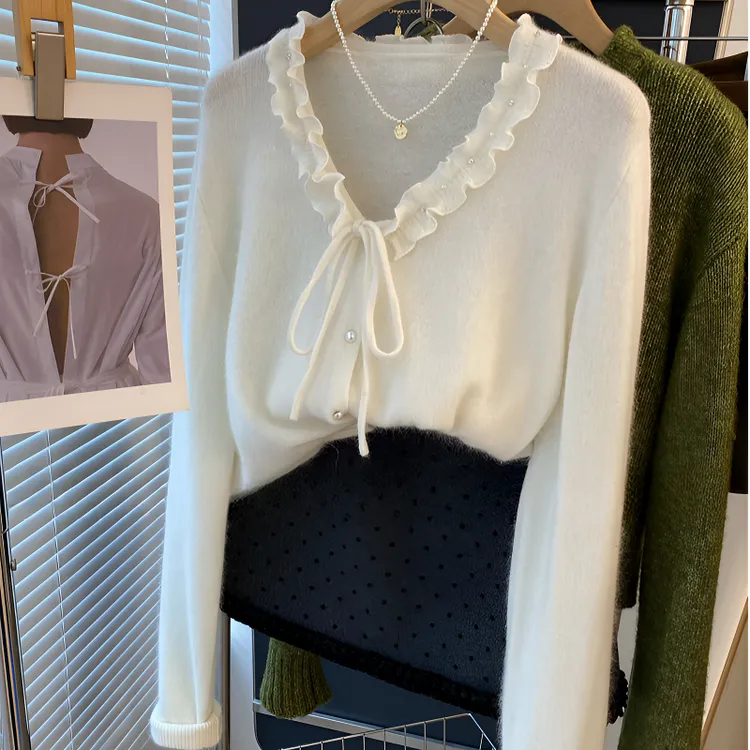 钉珠韩国东大门气质绑带木耳边领米白色针织衫女秋冬百搭开衫上衣