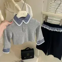 韩系甜美风女童格子花边领针织上衣阔腿套装时髦又舒适