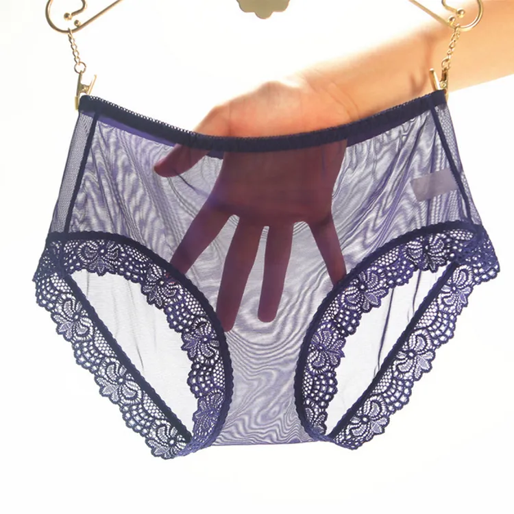 3条装大码无痕三角裤内裤女透明网纱性感蕾丝中腰胖mm薄款低腰