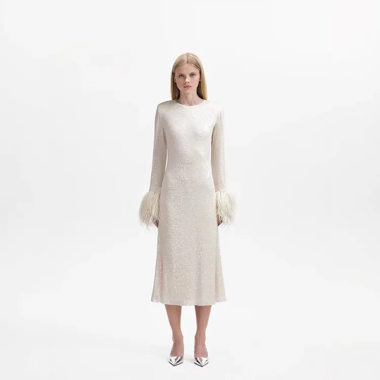 USHARKSP春季新款法式设计感流苏款长袖修身收腰重工长款连衣裙女