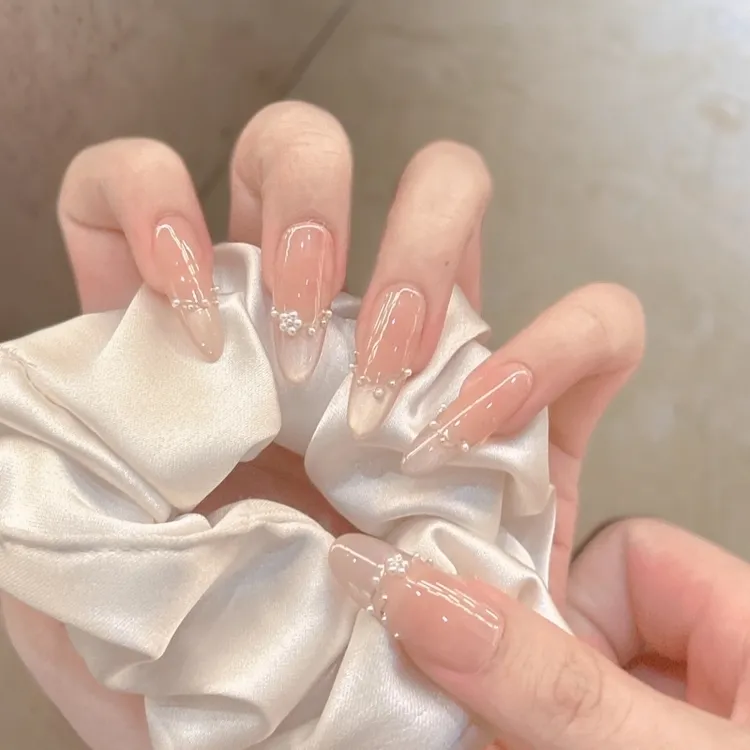 【珠光月色】初秋纯手工中长款冰透猫眼显白裸色高级感穿戴甲美甲贴