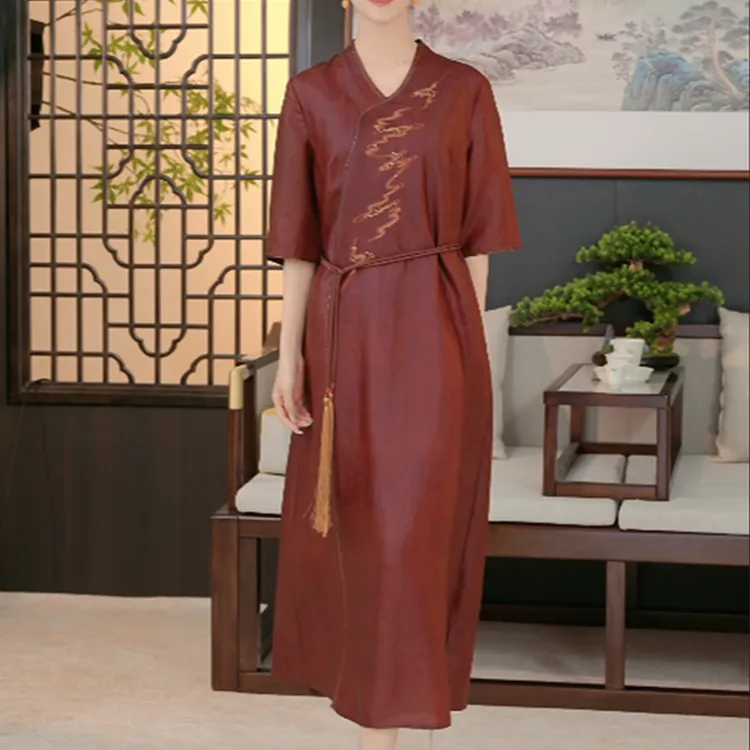 齐黛【烟纱】刺绣龟纹香云纱连衣裙新中式桑蚕丝红云纱连衣裙