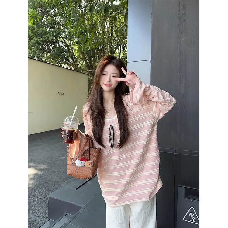 秋季新款条纹罩衫松弛感t恤女慵懒撞色休闲长袖上衣