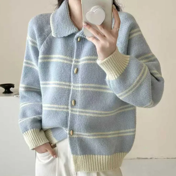 韩系慵懒风撞色条纹翻领毛衣外套女秋冬休闲百搭软糯针织开衫上衣