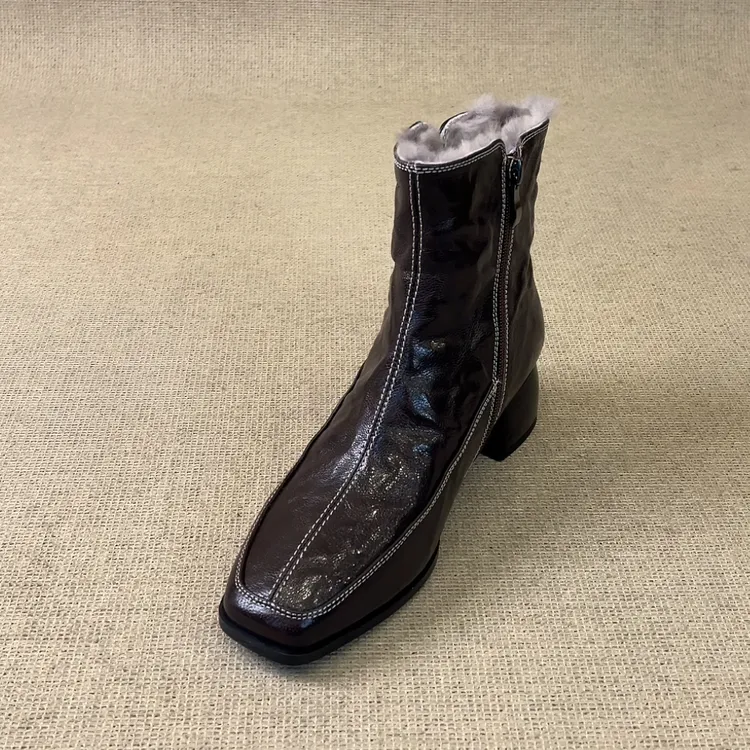 RubyL/4.5cm设计感缝线复古风手抓纹百搭舒适方头粗跟雪地靴女款