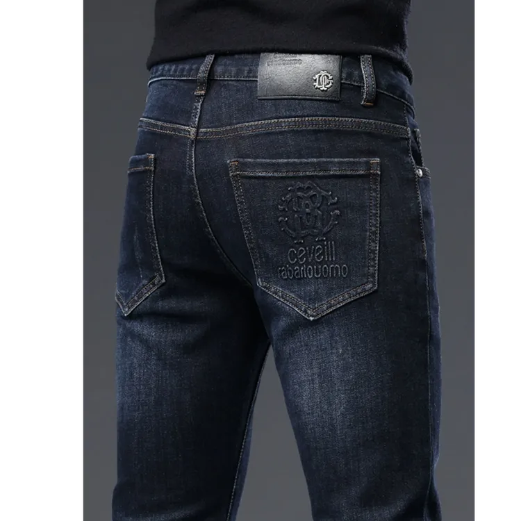 曼库帕娅深蓝色牛仔裤男高端潮流印花弹力中腰修身小脚男款长裤子