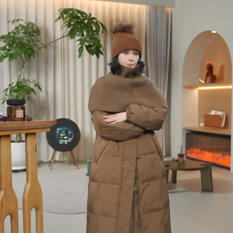 进口白鸭绒保暖抽绳收腰显瘦气质针织披肩长款羽绒服Q77995