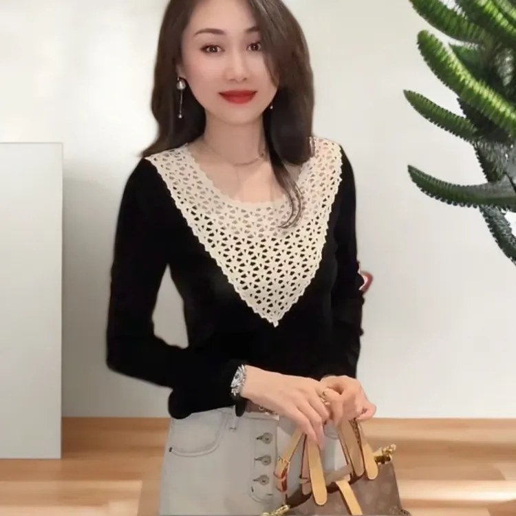 时尚INS风修身型落肩袖T恤显瘦拼接长袖百搭小衫长袖打底气质