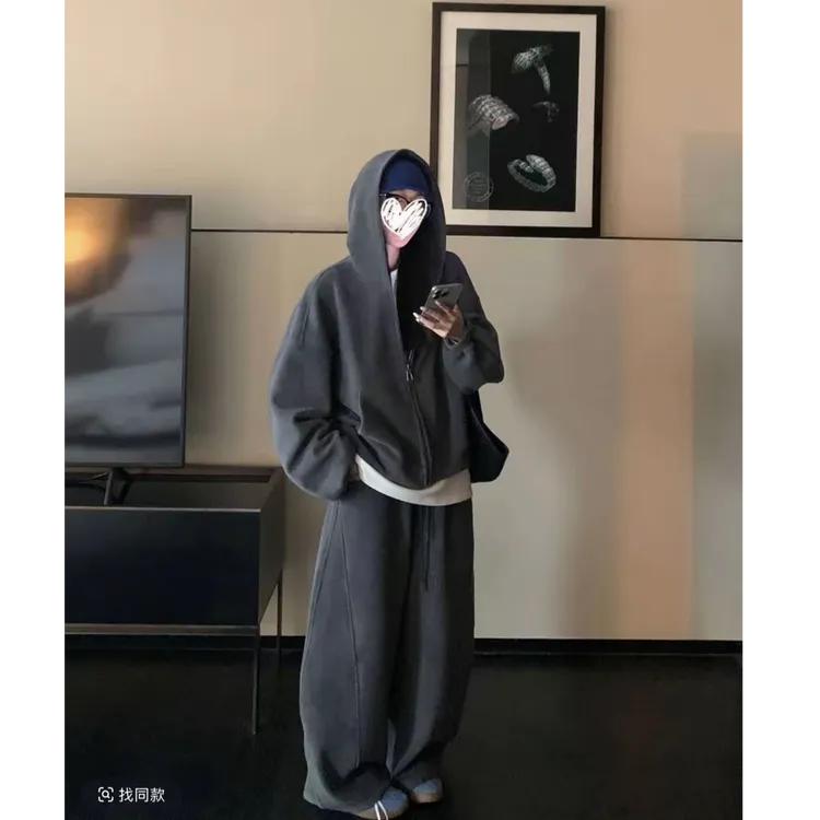 【FAFA】大码女装加厚澳粒绒一套过冬慵懒连帽卫衣外套+弯刀裤套装