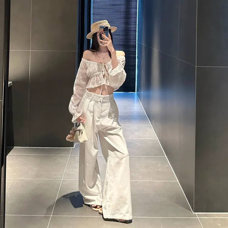 蕾丝绑带长袖上衣女夏季法式收腰显瘦纯欲短款上衣百搭阔腿长裤子