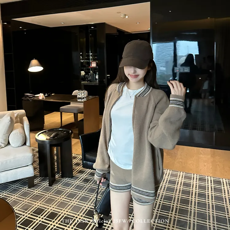 撞色拉链毛衣外套女秋季新款慵懒风针织弹力高腰休闲短裤时尚套装