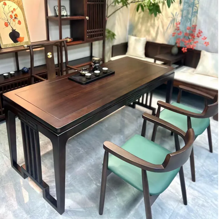 茶桌茶台实木茶桌乌金色黑胡桃组合家用办公书桌一体多用桌