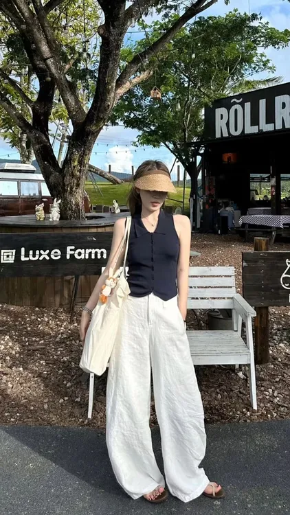 法式polo翻领无袖背心女夏季外穿修身独特别致上衣百搭阔腿长裤子