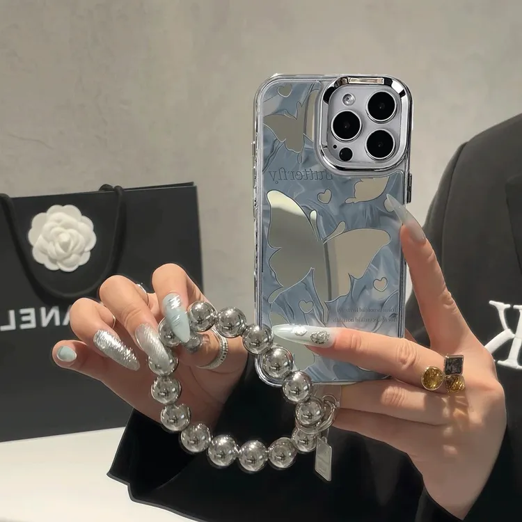 【入月】新款潮牌爱心蝴蝶透明电镀TPU镜面手机壳搭配银色珠子手链