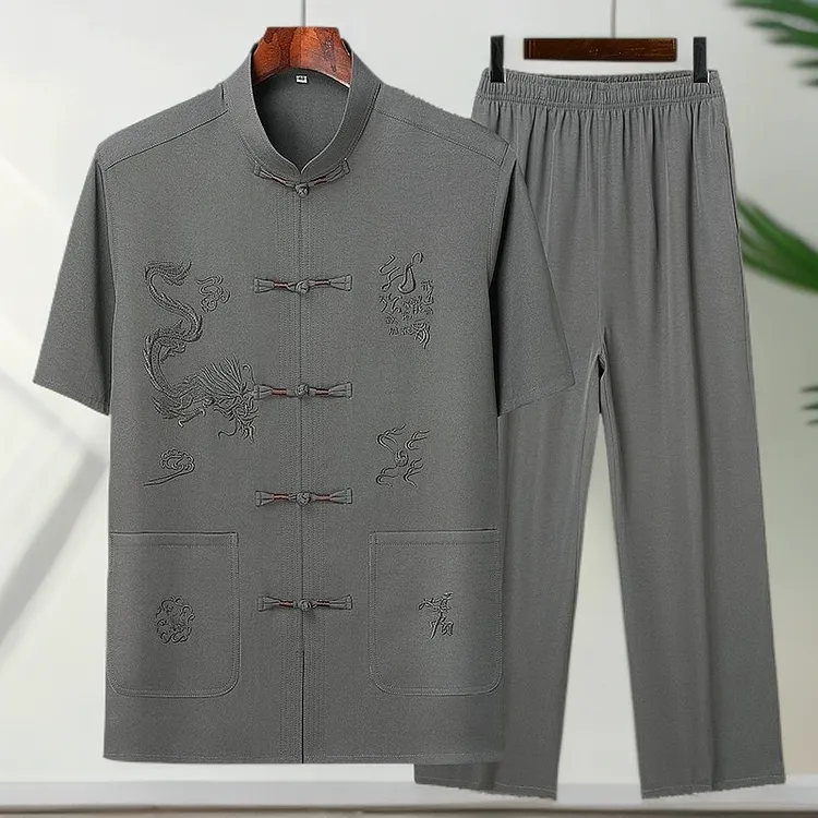 2025新款唐装男短袖套装夏季冰丝中老年人爸爸中国风薄款爷爷夏装