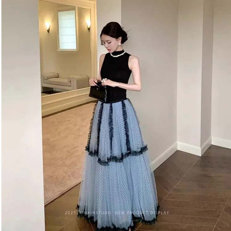 2025夏天新款百褶拼接波点网纱半身裙高腰显瘦中长款蓬蓬蛋糕裙子