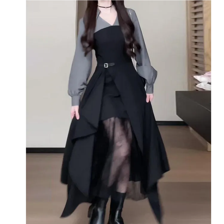 黑色假两件开叉连衣裙子女2025新款今年流行气质早初秋季穿搭长裙