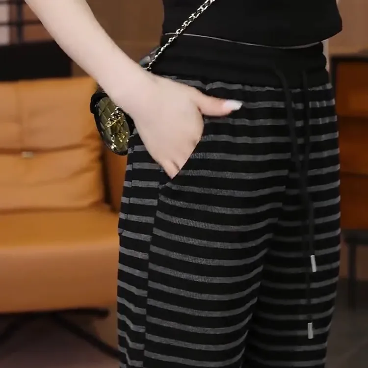 2025春季新款条纹阔腿裤显瘦运动高腰时尚休闲直筒百搭黑色宽松