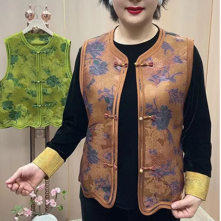 M#9225单马甲长60-66中老年女装妈妈装新中式复古国风单马甲