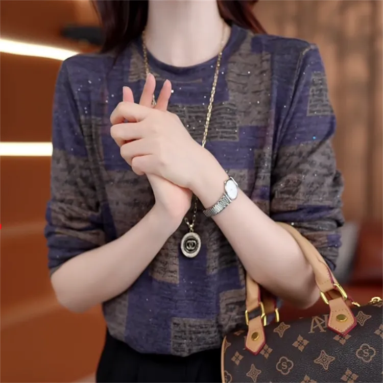 厚款长袖网红复古老钱风打底衫圆领时尚套头款拼色韩版秋冬百搭