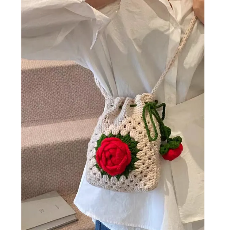  【不是成品】手工diy毛线钩织立体山茶花手机包材料自制斜跨包礼物