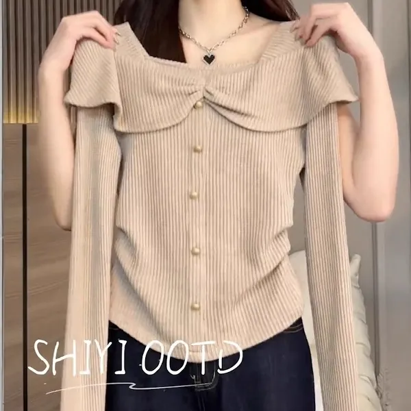 又飒又迷人!法式褶皱荷叶边长袖T恤女2025秋新款收腰显瘦小众上衣