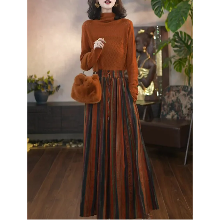 高档时尚轻奢风套装2025秋季新款文艺范修身显瘦长袖上衣+半身裙