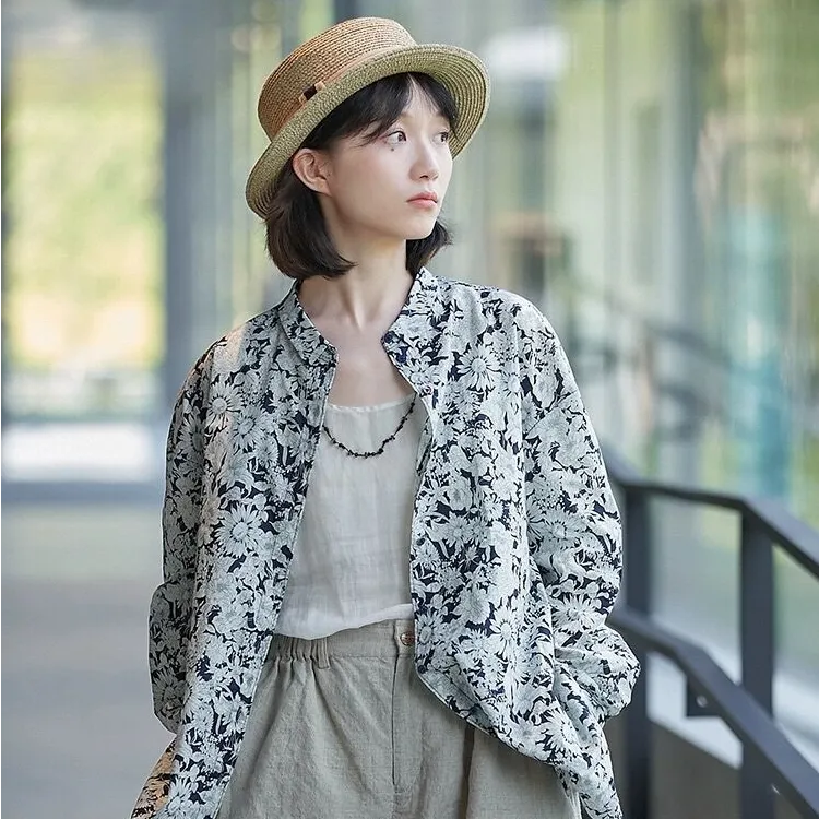 【刘营专属】潮流复古印花开衫上衣纯棉薄款宽松显瘦百搭设计感衬衫