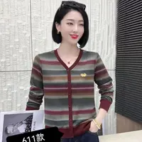 【歌莱图】2025新款法式复古休闲V领长袖上衣早秋条纹针织衫女#8222