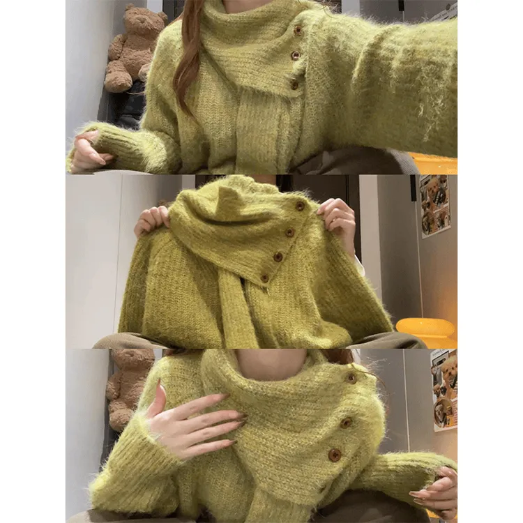 针织衫女慵懒风纯色可拆卸设计长袖毛衣女秋冬宽松显瘦百搭上衣