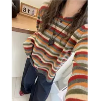 【运费补贴】彩色条纹开衫上衣女毛衣春秋宽松圆领套头针织衫A617