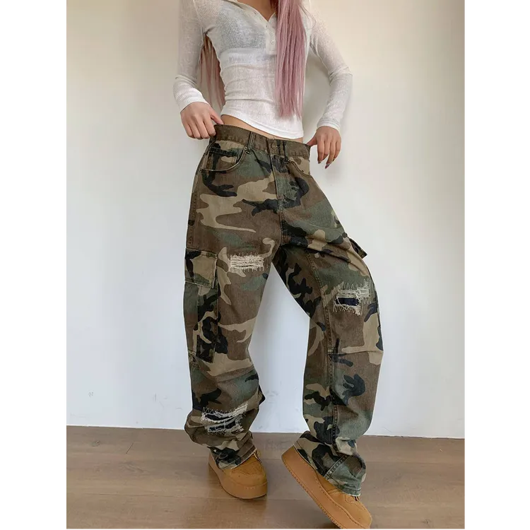 LIGGICC钊叔制美式复古水洗迷彩工装裤长裤破洞宽松直筒休闲裤子