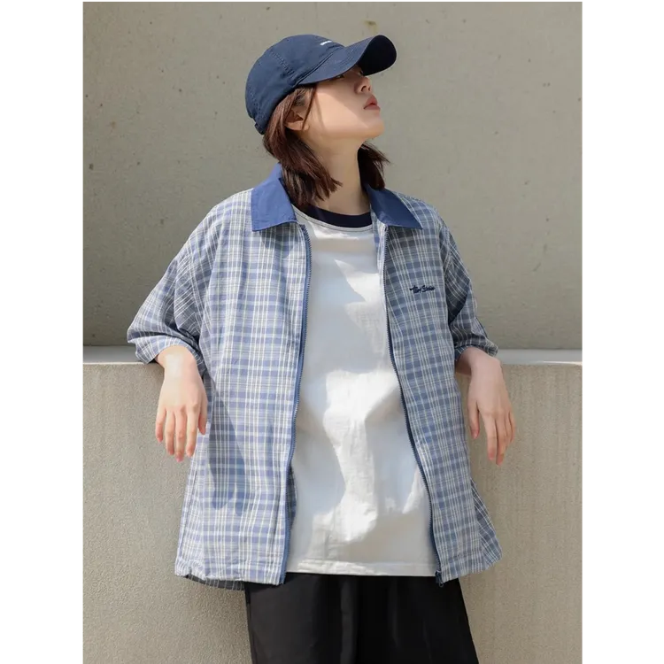 蓝色衬衫少年感开衫休闲显瘦短袖上衣男百搭夏季衬衣格纹复古学生