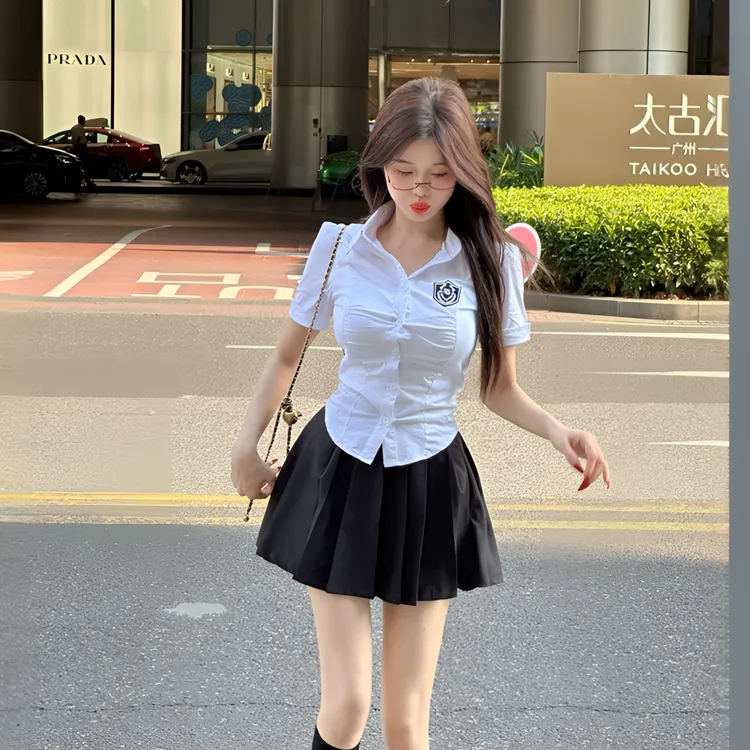 纯欲辣妹收腰白色衬衫女学院风气质显瘦短袖衬衣高腰百褶裙jk制服