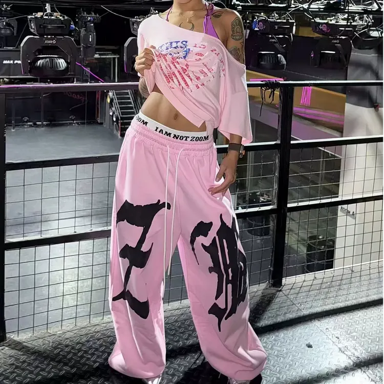 美式街舞双腰头字母印花休闲卫裤女宽松垂感嘻哈风跳舞运动阔腿裤