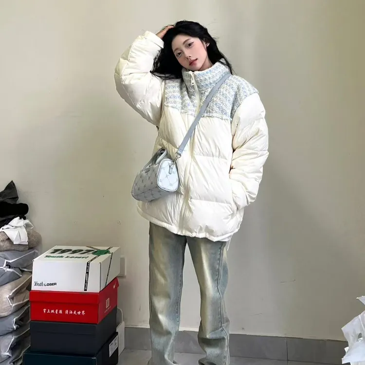 美式复古白色棉服女冬季短款立领棉衣小个百搭高级感宽松加厚外套