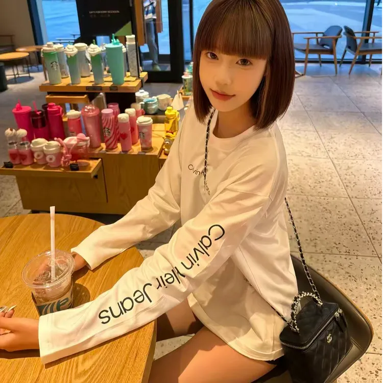 【CK美版正品】长袖上衣印花字母圆领男女秋季宽松中长款T恤纯棉