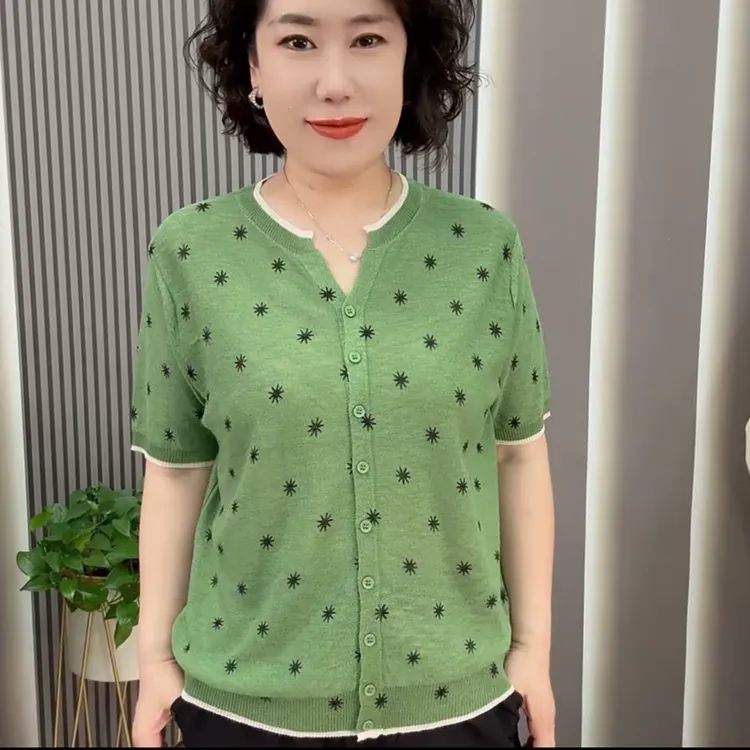 中年妈妈时尚纯色薄款针织衫2025夏季新款宽松休闲减龄百搭上衣女