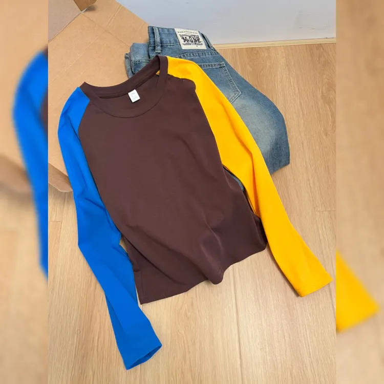 高级感拼色棉质长袖T恤衫2025秋季大码胖MM时尚遮肉洋气圆领上衣