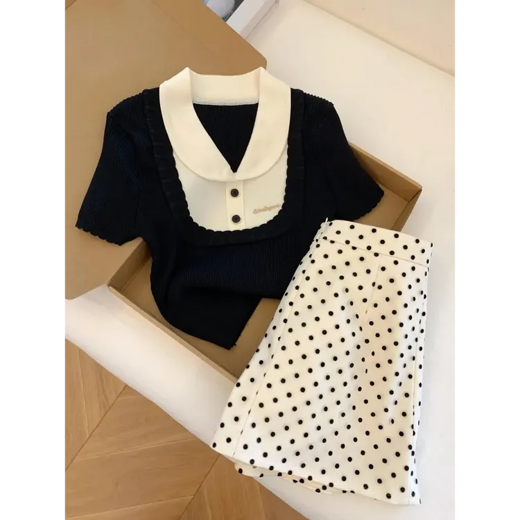 夏装搭配一整套小香风套装女时尚针织上衣波点短裙韩剧穿搭两件套